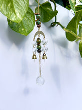 Load image into Gallery viewer, Mini Gold Moon Suncatcher with Turquoise Clay &amp; Tiger’s Eye Beads, Gold Chain, and Bells – Witchy Boho Rainbow Light Decor
