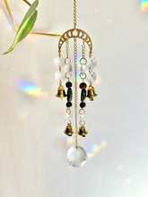 Load image into Gallery viewer, Gold Moon Phases Suncatcher with Turquoise &amp; Tiger’s Eye Beads, Bells, and Crystal Accents – Witchy Boho Decor
