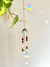 Load image into Gallery viewer, Mini Gold Moon &amp; Sun Suncatcher with Amber &amp; Amethyst Beads, Bells, and Prism Accents – Witchy Boho Decor
