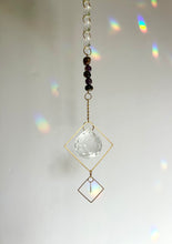 Load image into Gallery viewer, Rainbow Maker Suncatcher with Half Moon Charm, Tiger’s Eye &amp; Amethyst Beads in Gold Diamond Frames – Prism Window Decor
