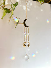 Load image into Gallery viewer, Gold Half Moon Suncatcher with Prism Beads and Bells – Rainbow Light Window Decor
