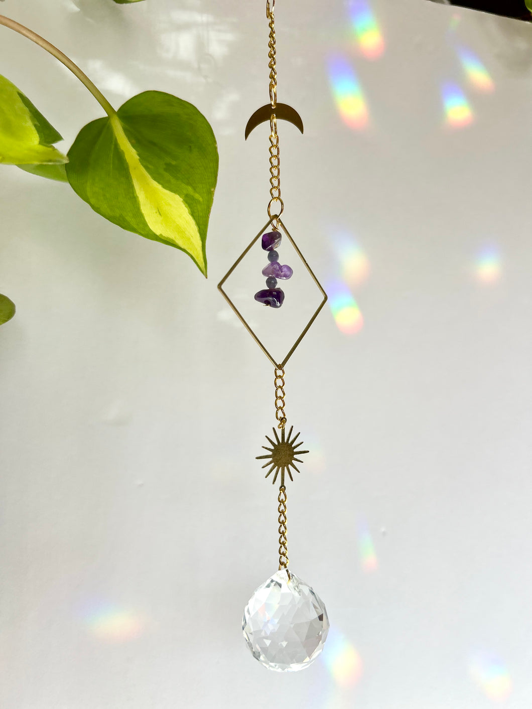 Rainbow Maker Suncatcher with Gold Half Moon & Sun Charms, Amethyst Beads in Gold Diamond Frame – Prism Window Decor