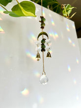 Load image into Gallery viewer, Mini Gold Moon Suncatcher with Turquoise Clay &amp; Tiger’s Eye Beads, Gold Chain, and Bells – Witchy Boho Rainbow Light Decor

