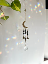 Load image into Gallery viewer, Gold Moon Suncatcher with Agate &amp; Amethyst Beads, Brass Bells, and Sunburst Charm – Witchy Boho Decor
