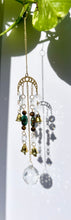 Load image into Gallery viewer, Gold Moon Phases Suncatcher with Turquoise &amp; Tiger’s Eye Beads, Bells, and Crystal Accents – Witchy Boho Decor
