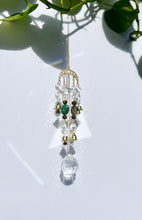 Load image into Gallery viewer, Gold Moon Phases Suncatcher with Turquoise &amp; Tiger’s Eye Beads, Bells, and Crystal Accents – Witchy Boho Decor
