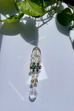 Load image into Gallery viewer, Gold Moon Phases Suncatcher with Turquoise &amp; Tiger’s Eye Beads, Bells, and Crystal Accents – Witchy Boho Decor
