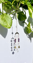 Load image into Gallery viewer, Mini Gold Moon &amp; Sun Suncatcher with Amber &amp; Amethyst Beads, Bells, and Prism Accents – Witchy Boho Decor
