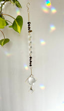 Load image into Gallery viewer, Rainbow Maker Suncatcher with Half Moon Charm, Tiger’s Eye &amp; Amethyst Beads in Gold Diamond Frames – Prism Window Decor
