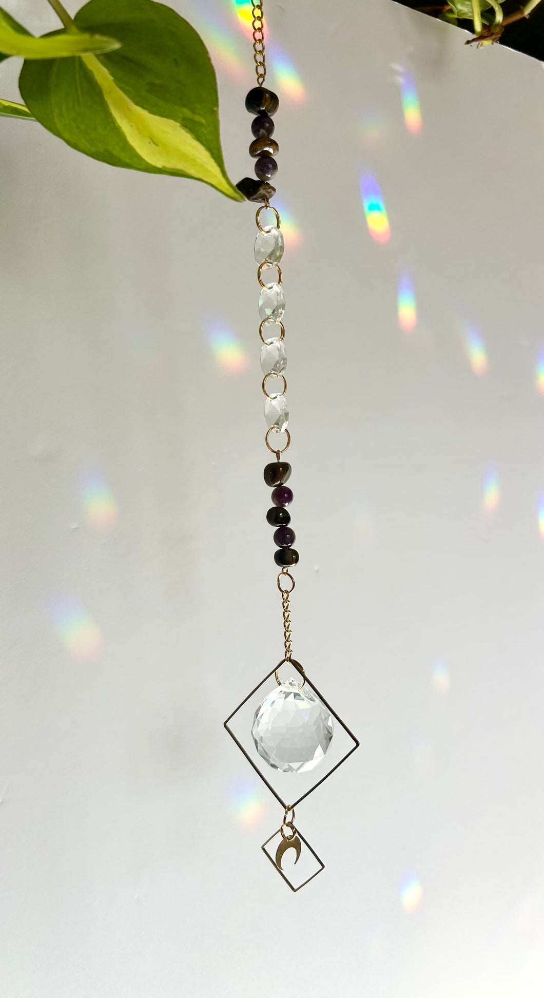 Rainbow Maker Suncatcher with Half Moon Charm, Tiger’s Eye & Amethyst Beads in Gold Diamond Frames – Prism Window Decor