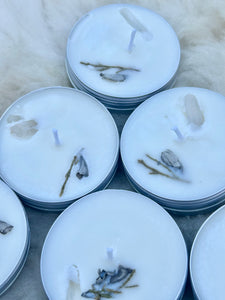 Cedarwood & Sage Soy Wax Candle – Earthy Fragrance with Clear Quartz Crystal, Hand-Poured for a Unique, Grounding Experience in Your Home or Office.