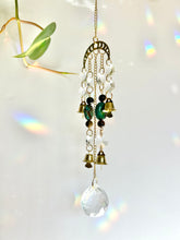Load image into Gallery viewer, Gold Moon Phases Suncatcher with Turquoise &amp; Tiger’s Eye Beads, Bells, and Crystal Accents – Witchy Boho Decor
