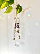 Load image into Gallery viewer, Gold Moon Phase Suncatcher with Amethyst &amp; Tiger’s Eye Beads, Gold Starburst Charm, Bells, and Sun Prism Beads – Witchy Boho Decor
