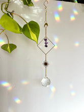 Load image into Gallery viewer, Rainbow Maker Suncatcher with Gold Half Moon &amp; Sun Charms, Amethyst Beads in Gold Diamond Frame – Prism Window Decor
