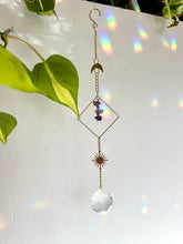 Load image into Gallery viewer, Rainbow Maker Suncatcher with Gold Half Moon &amp; Sun Charms, Amethyst Beads in Gold Diamond Frame – Prism Window Decor
