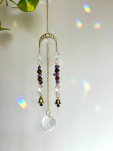 Load image into Gallery viewer, Gold Moon Phases Suncatcher with Amethyst &amp; Tiger’s Eye Beads and Gold Bells – Celestial Window Decor
