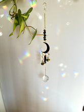 Load image into Gallery viewer, Gold Half Moon Suncatcher with Agate &amp; Tiger’s Eye Beads and Brass Bells – Rainbow Prism Window Decor
