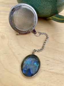 Tea Ball with Labradorite Pendant, Natural Gemstone Infuser for Loose Leaf Tea for Protection + Connection to Magick