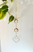 Load image into Gallery viewer, Double Gold Half Moon Suncatcher with Prism in Diamond Frame – Mystical Rainbow Window Decor
