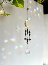 Load image into Gallery viewer, Gold Moon Suncatcher with Agate &amp; Amethyst Beads, Brass Bells, and Sunburst Charm – Witchy Boho Decor
