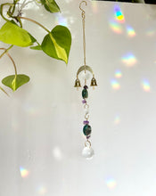 Load image into Gallery viewer, Gold Charm Mini Suncatcher with Turquoise &amp; Amethyst Beads and Gold Bells – Rainbow Prism Window Decor

