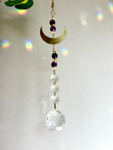 Load image into Gallery viewer, Gold Moon Suncatcher with Amethyst &amp; Citrine Beads and Sun Charm – Rainbow Light Window Decor
