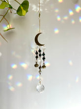 Load image into Gallery viewer, Gold Moon Suncatcher with Agate &amp; Amethyst Beads, Brass Bells, and Sunburst Charm – Witchy Boho Decor
