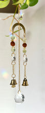 Load image into Gallery viewer, Mini Gold Charm Suncatcher with Rudraksha &amp; Aventurine Beads, Prism Accents, and Bells – Spiritual Rainbow Decor
