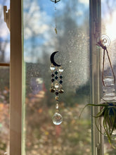 Load image into Gallery viewer, Gold Moon Suncatcher with Agate &amp; Amethyst Beads, Brass Bells, and Sunburst Charm – Witchy Boho Decor
