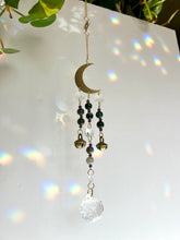Load image into Gallery viewer, Gold Moon Suncatcher with Agate &amp; Amethyst Beads, Brass Bells, and Sunburst Charm – Witchy Boho Decor
