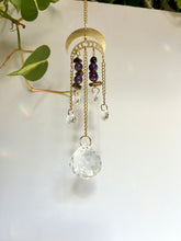 Load image into Gallery viewer, Suncatcher with Two Gold Moon Charms, Amethyst &amp; Tiger’s Eye Beads, and Prism Accents – Celestial Light Decor

