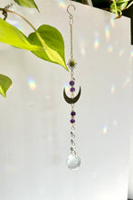 Load image into Gallery viewer, Gold Moon Suncatcher with Amethyst &amp; Citrine Beads and Sun Charm – Rainbow Light Window Decor
