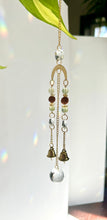 Load image into Gallery viewer, Mini Gold Charm Suncatcher with Rudraksha &amp; Aventurine Beads, Prism Accents, and Bells – Spiritual Rainbow Decor
