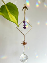 Load image into Gallery viewer, Rainbow Maker Suncatcher with Gold Half Moon &amp; Sun Charms, Amethyst Beads in Gold Diamond Frame – Prism Window Decor

