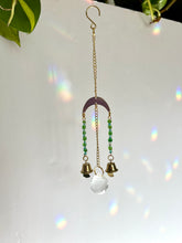 Load image into Gallery viewer, Mini Gold Moon Suncatcher with Green &amp; Blue Glass Beads and Bells – Rainbow Prism Window Decor
