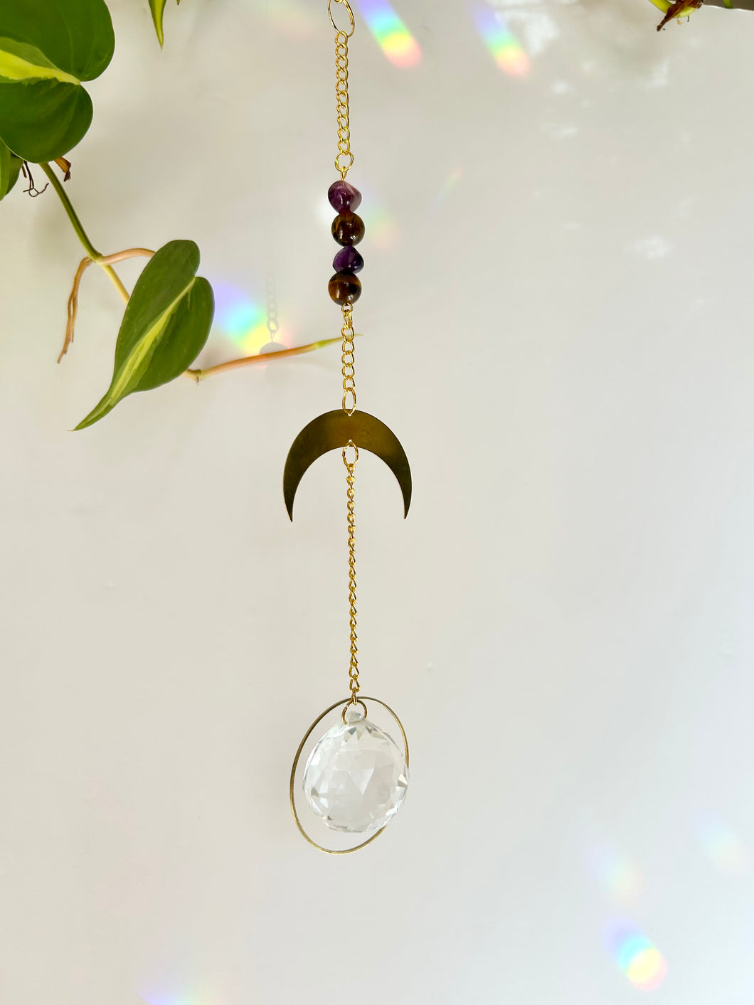 Gold Half Moon Suncatcher with Amethyst & Tiger’s Eye Beads in Round Gold Prism Frame – Rainbow Window Decor