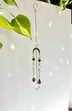 Load image into Gallery viewer, Mini Gold Charm Suncatcher with Rudraksha &amp; Aventurine Beads, Prism Accents, and Bells – Spiritual Rainbow Decor
