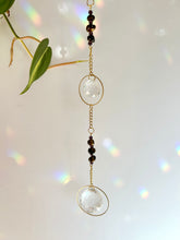 Load image into Gallery viewer, Double Prism Suncatcher with Tiger&#39;s Eye &amp; Amethyst Beads in Gold Frames – Rainbow Light Window Decor
