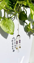 Load image into Gallery viewer, Mini Gold Moon &amp; Sun Suncatcher with Amber &amp; Amethyst Beads, Bells, and Prism Accents – Witchy Boho Decor
