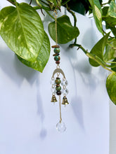 Load image into Gallery viewer, Mini Gold Moon Suncatcher with Turquoise Clay &amp; Tiger’s Eye Beads, Gold Chain, and Bells – Witchy Boho Rainbow Light Decor
