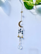 Load image into Gallery viewer, Gold Moon Suncatcher with Agate &amp; Amethyst Beads, Brass Bells, and Sunburst Charm – Witchy Boho Decor
