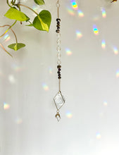 Load image into Gallery viewer, Rainbow Maker Suncatcher with Half Moon Charm, Tiger’s Eye &amp; Amethyst Beads in Gold Diamond Frames – Prism Window Decor
