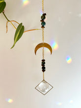 Load image into Gallery viewer, Half Moon Charm Suncatcher with Agate &amp; Tiger’s Eye Beads in Gold Diamond Prism Frame – Rainbow Window Decor
