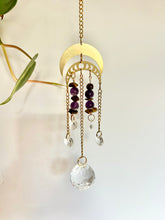 Load image into Gallery viewer, Suncatcher with Two Gold Moon Charms, Amethyst &amp; Tiger’s Eye Beads, and Prism Accents – Celestial Light Decor
