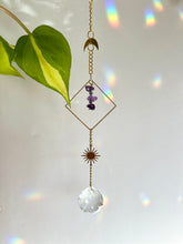 Load image into Gallery viewer, Rainbow Maker Suncatcher with Gold Half Moon &amp; Sun Charms, Amethyst Beads in Gold Diamond Frame – Prism Window Decor
