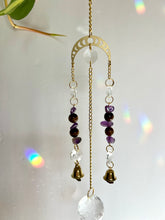 Load image into Gallery viewer, Gold Moon Phases Suncatcher with Amethyst &amp; Tiger’s Eye Beads and Gold Bells – Celestial Window Decor
