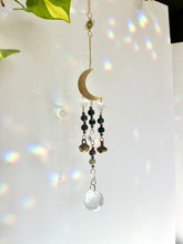 Load image into Gallery viewer, Gold Moon Suncatcher with Agate &amp; Amethyst Beads, Brass Bells, and Sunburst Charm – Witchy Boho Decor
