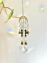 Load image into Gallery viewer, Gold Moon Phases Suncatcher with Turquoise &amp; Tiger’s Eye Beads, Bells, and Crystal Accents – Witchy Boho Decor
