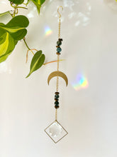 Load image into Gallery viewer, Half Moon Charm Suncatcher with Agate &amp; Tiger’s Eye Beads in Gold Diamond Prism Frame – Rainbow Window Decor
