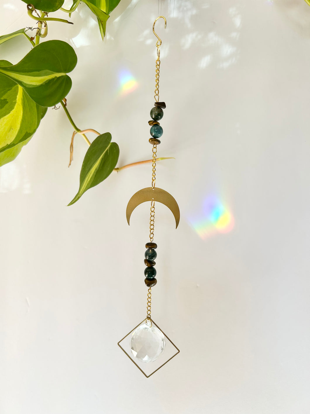 Half Moon Charm Suncatcher with Agate & Tiger’s Eye Beads in Gold Diamond Prism Frame – Rainbow Window Decor